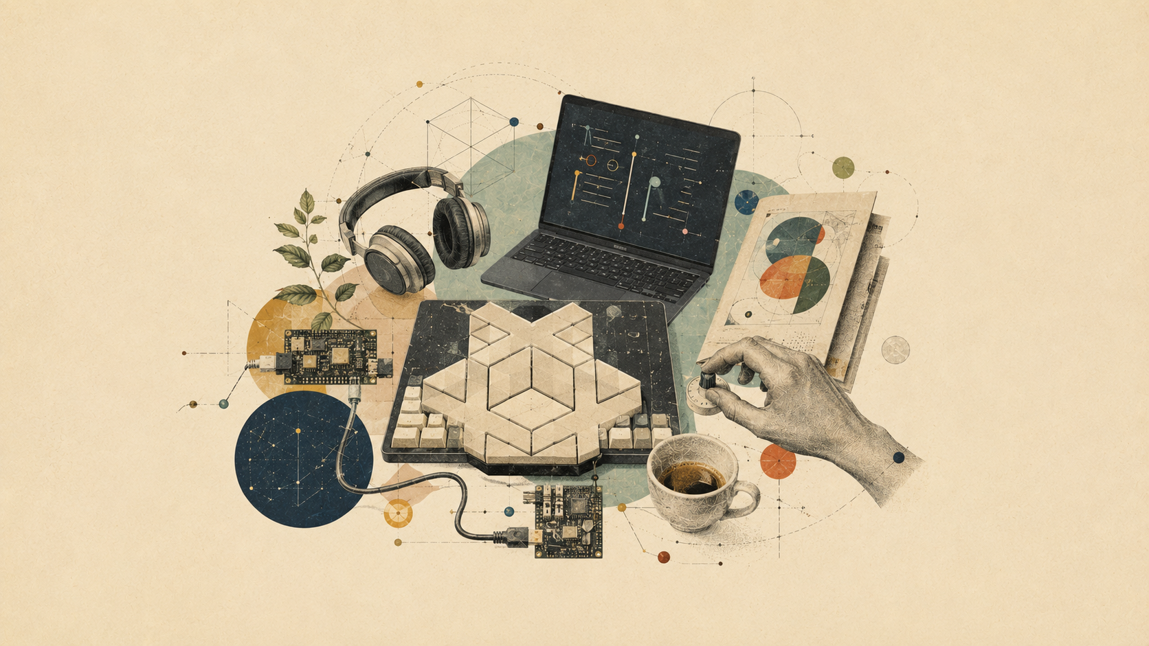 Archival collage of a creator workstation with a laptop, split keyboard and vintage electronics