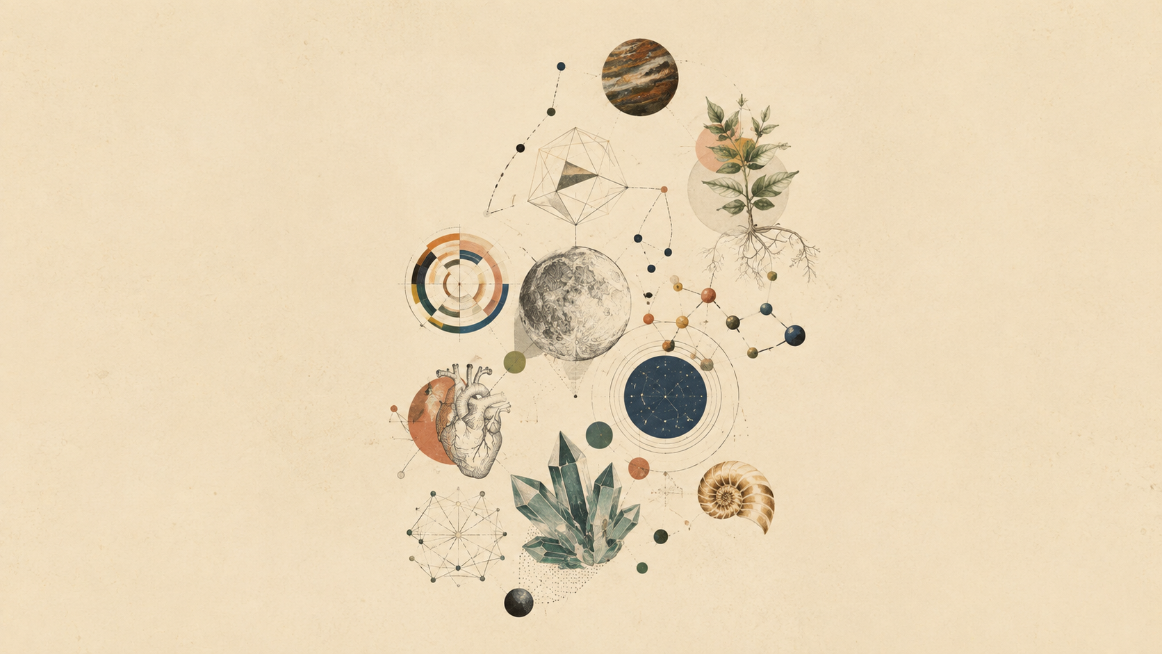 Archival collage of planetary bodies, constellations, crystals and a botanical root system