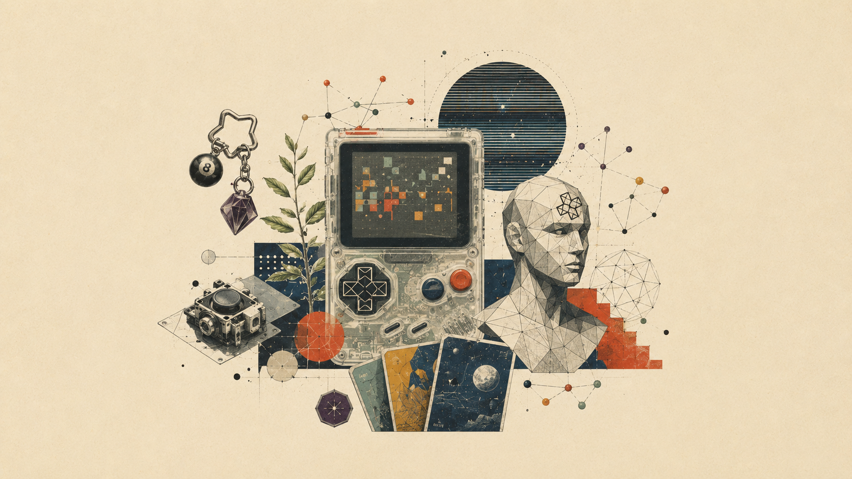 Archival collage of handheld devices, a geometric head and constellation charts