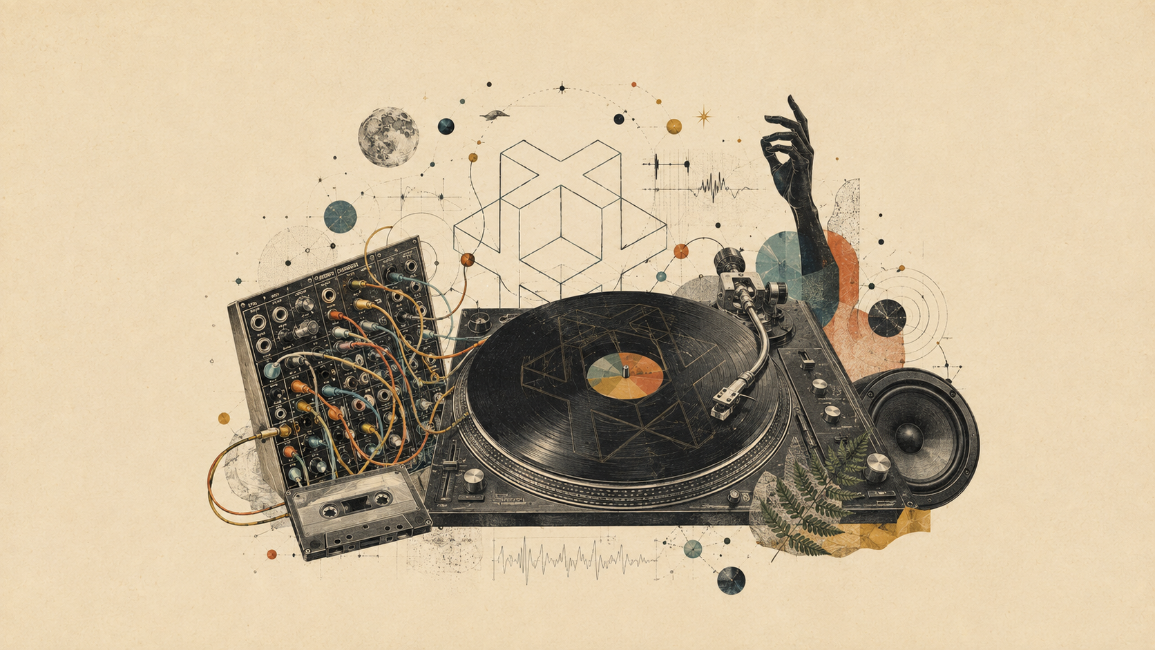 Nocturnal archival collage of a turntable, synthesiser components and constellation charts