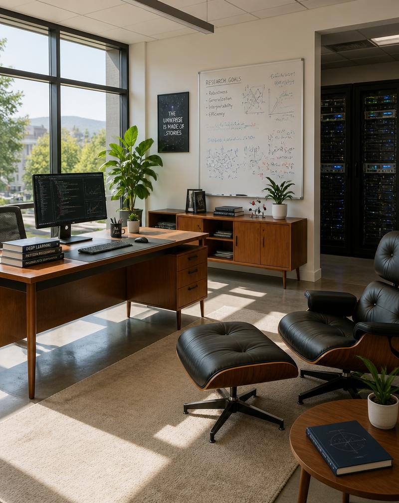 Sunlit Sidiora Labs research studio with warm materials and server racks